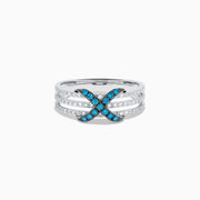 14K White Gold Blue and White Diamond X Crossover Ring