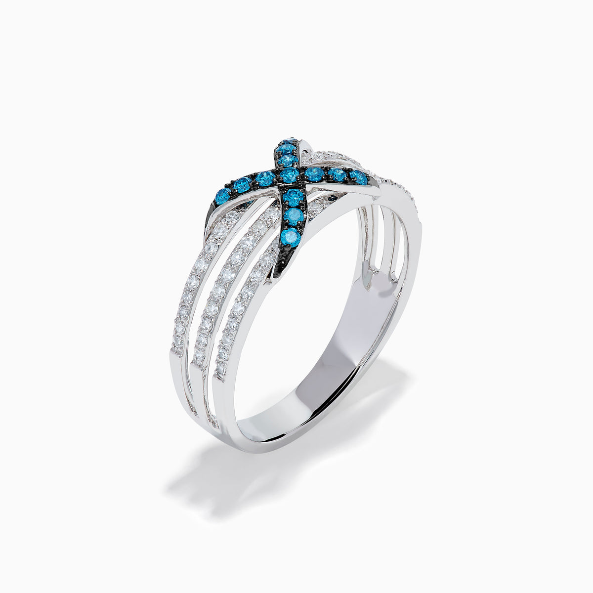 14K White Gold Blue and White Diamond X Crossover Ring