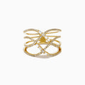 The D'Oro 14K Yellow Gold Interlaced Crisscross Diamond Ring features overlapping bands adorned with small diamonds and baguette-cut stones in a striking crisscross pattern, displayed on a white background.
