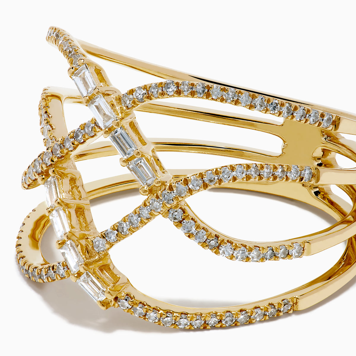 The D'Oro 14K Yellow Gold Interlaced Crisscross Diamond Ring features overlapping bands adorned with small diamonds and baguette-cut stones in a striking crisscross pattern, displayed on a white background.