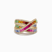 The Watercolors 14K Yellow Gold Multi Sapphire and Diamond Ring features crisscrossing bands with rows of square-cut sapphires, bordered by small white diamonds.