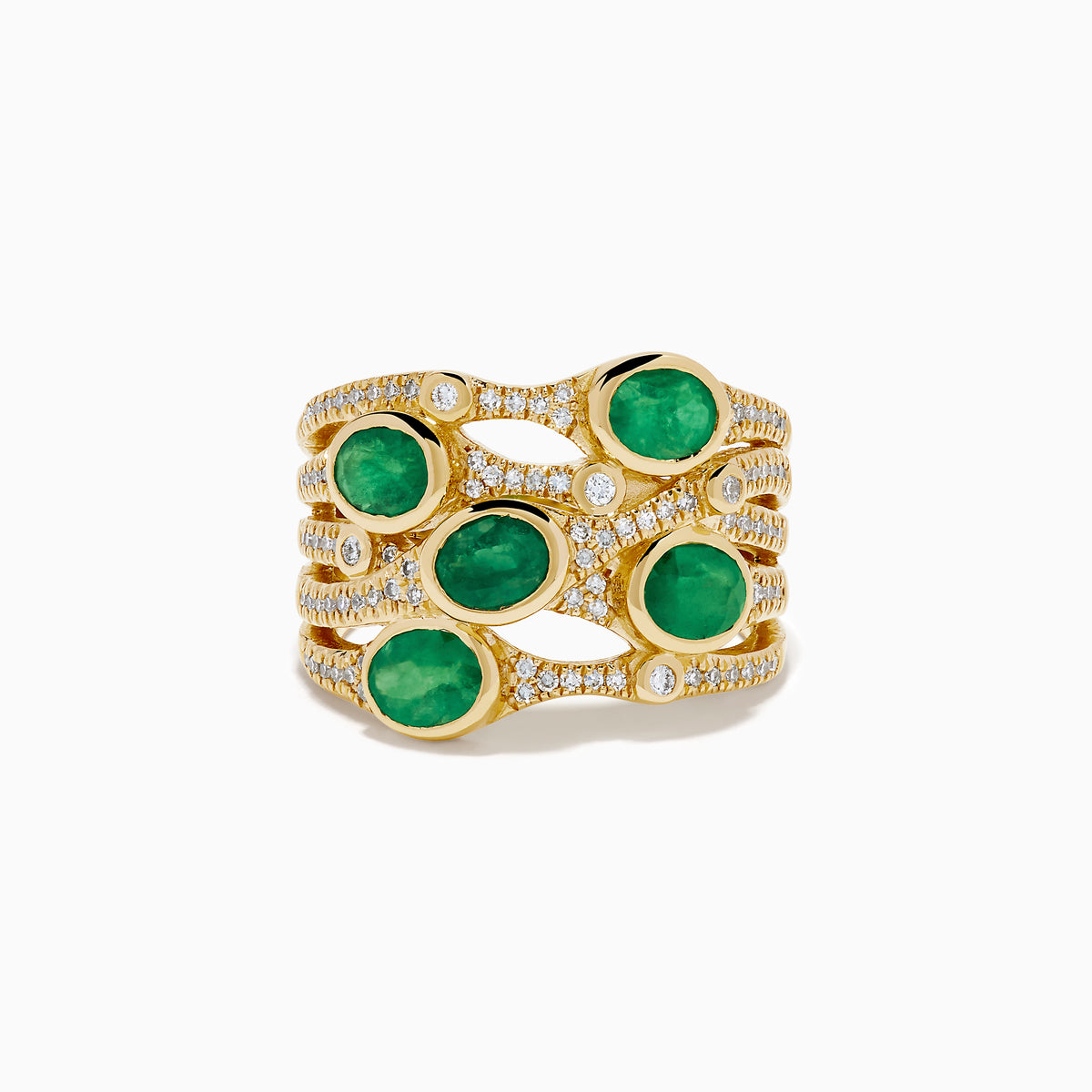 The 14K Yellow Gold Bezel Emerald and Diamond Multi Row Ring features five round green emeralds set in separate bands, accented with white diamonds and intricate detailing for a striking design.
