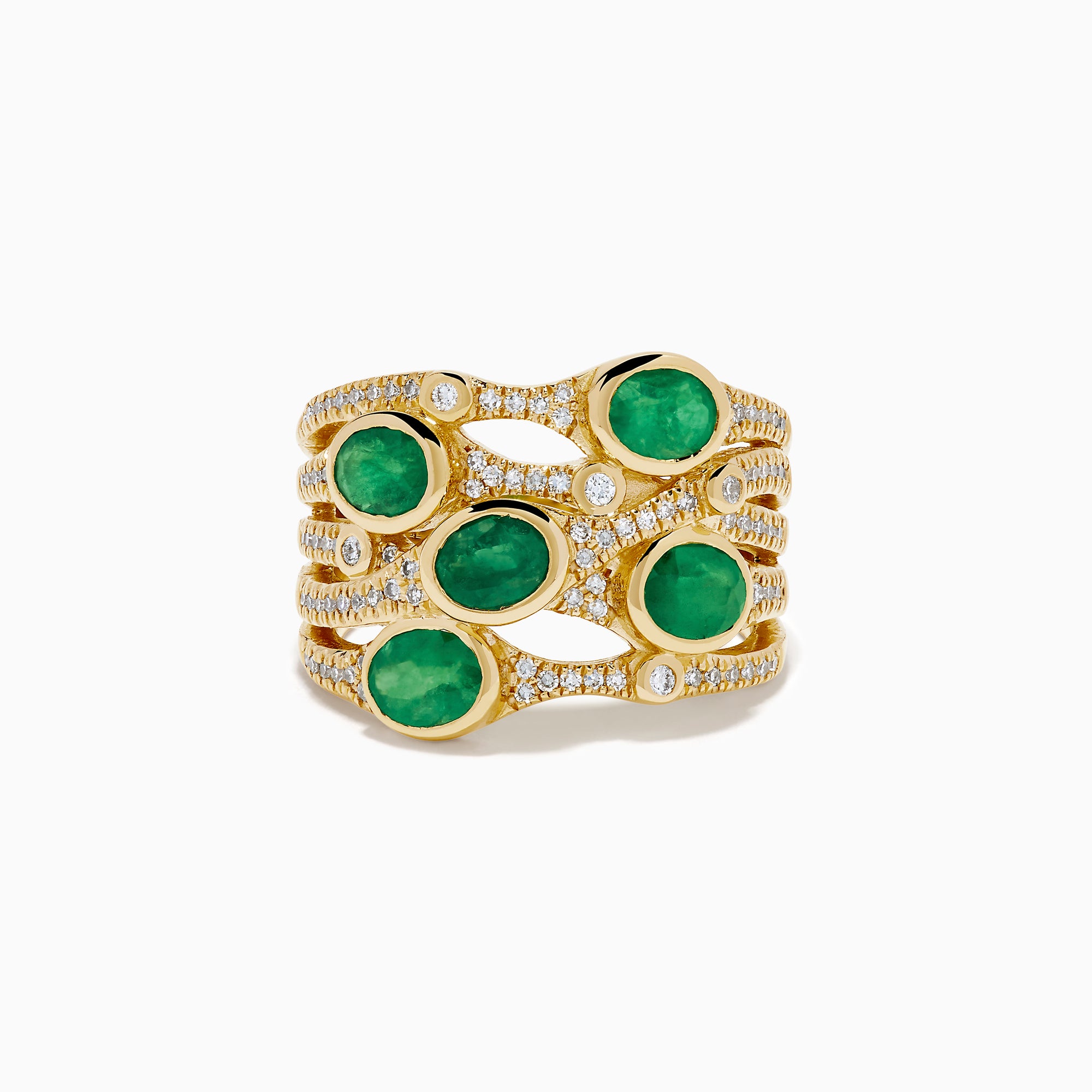 The 14K Yellow Gold Bezel Emerald and Diamond Multi Row Ring features five round green emeralds set in separate bands, accented with white diamonds and intricate detailing for a striking design.