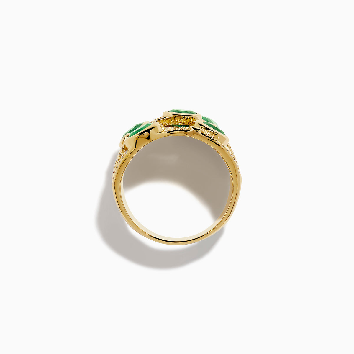 The 14K Yellow Gold Bezel Emerald and Diamond Multi Row Ring features five round green emeralds set in separate bands, accented with white diamonds and intricate detailing for a striking design.
