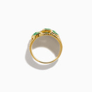 The 14K Yellow Gold Bezel Emerald and Diamond Multi Row Ring features five round green emeralds set in separate bands, accented with white diamonds and intricate detailing for a striking design.