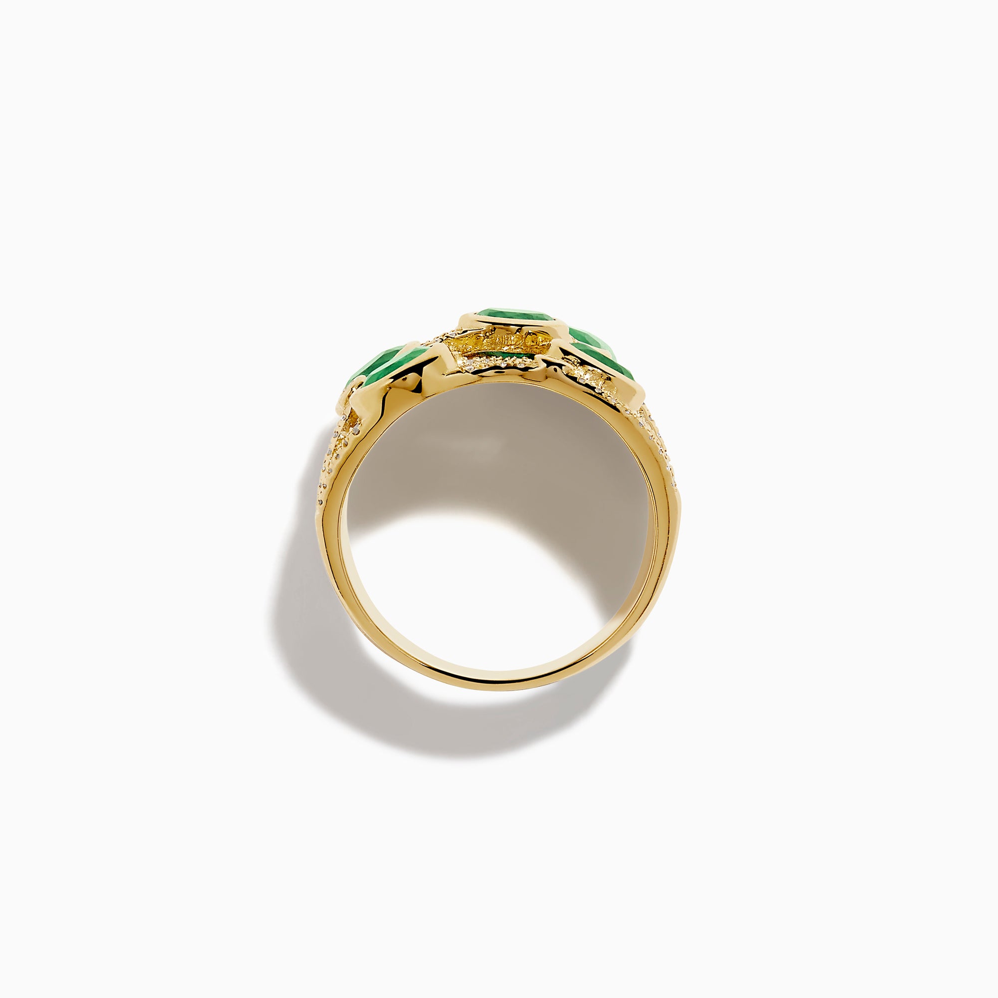 The 14K Yellow Gold Bezel Emerald and Diamond Multi Row Ring features five round green emeralds set in separate bands, accented with white diamonds and intricate detailing for a striking design.
