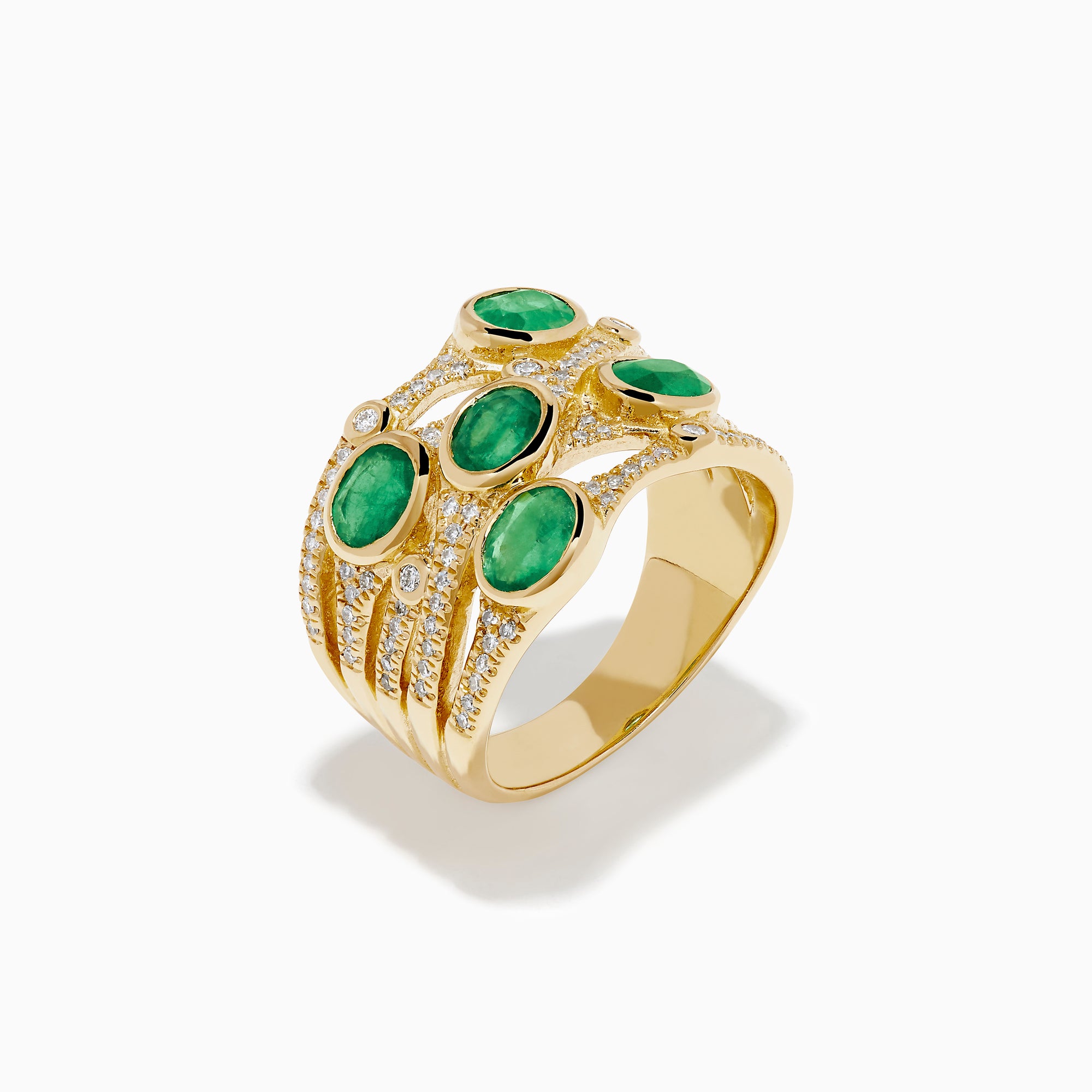 The 14K Yellow Gold Bezel Emerald and Diamond Multi Row Ring features five round green emeralds set in separate bands, accented with white diamonds and intricate detailing for a striking design.