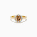 The 14K Yellow Gold Brown and White Diamond Halo Ring features a round brown and white diamond center, accented by a halo of sparkling small white diamonds.