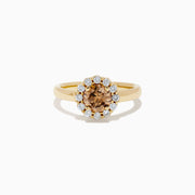 The 14K Yellow Gold Brown and White Diamond Halo Ring features a round brown and white diamond center, accented by a halo of sparkling small white diamonds.
