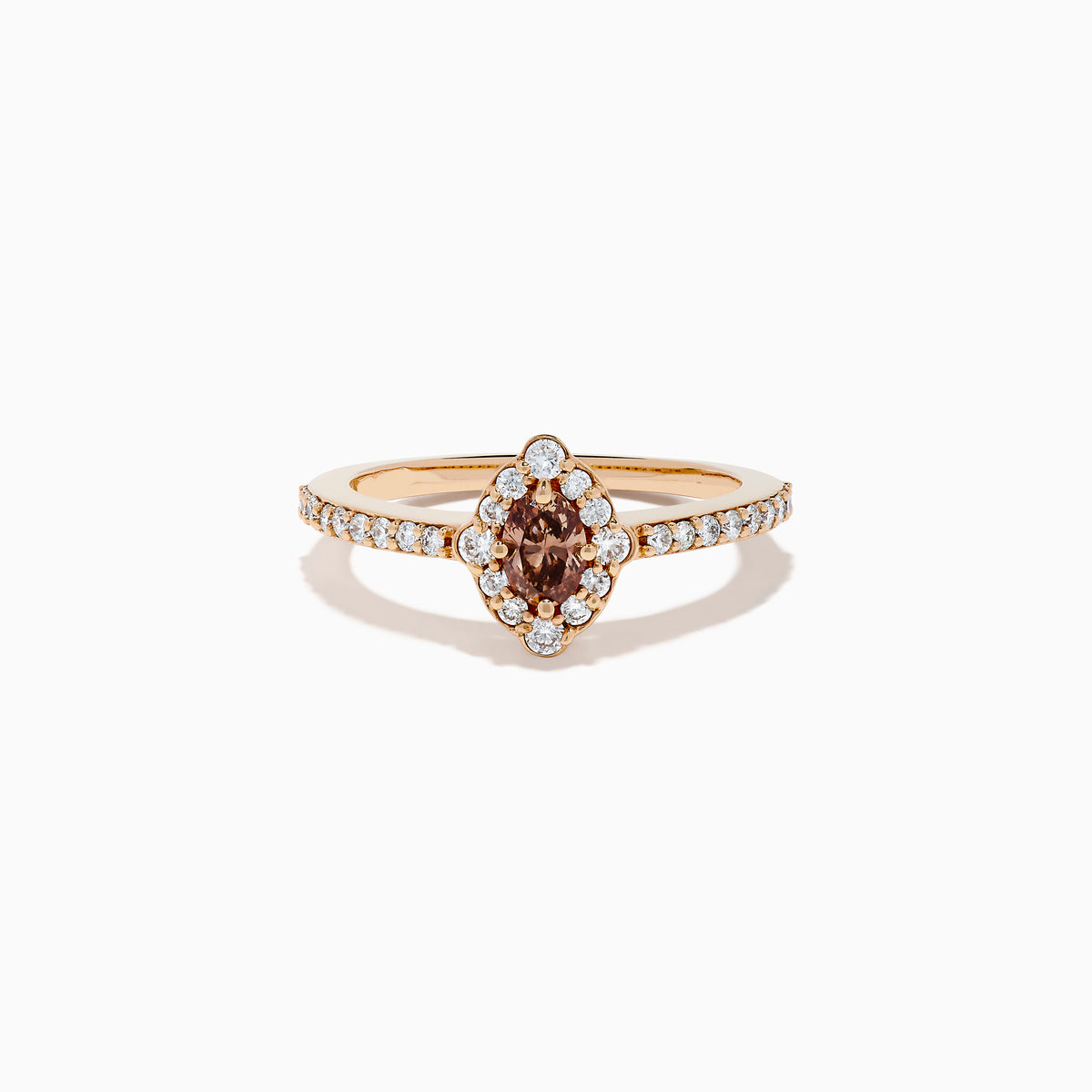 The 14K Rose Gold Brown and White Diamond Marquise Halo Ring features a marquise-cut brown and white diamond centerpiece, accented by round diamonds in a halo and along the band.