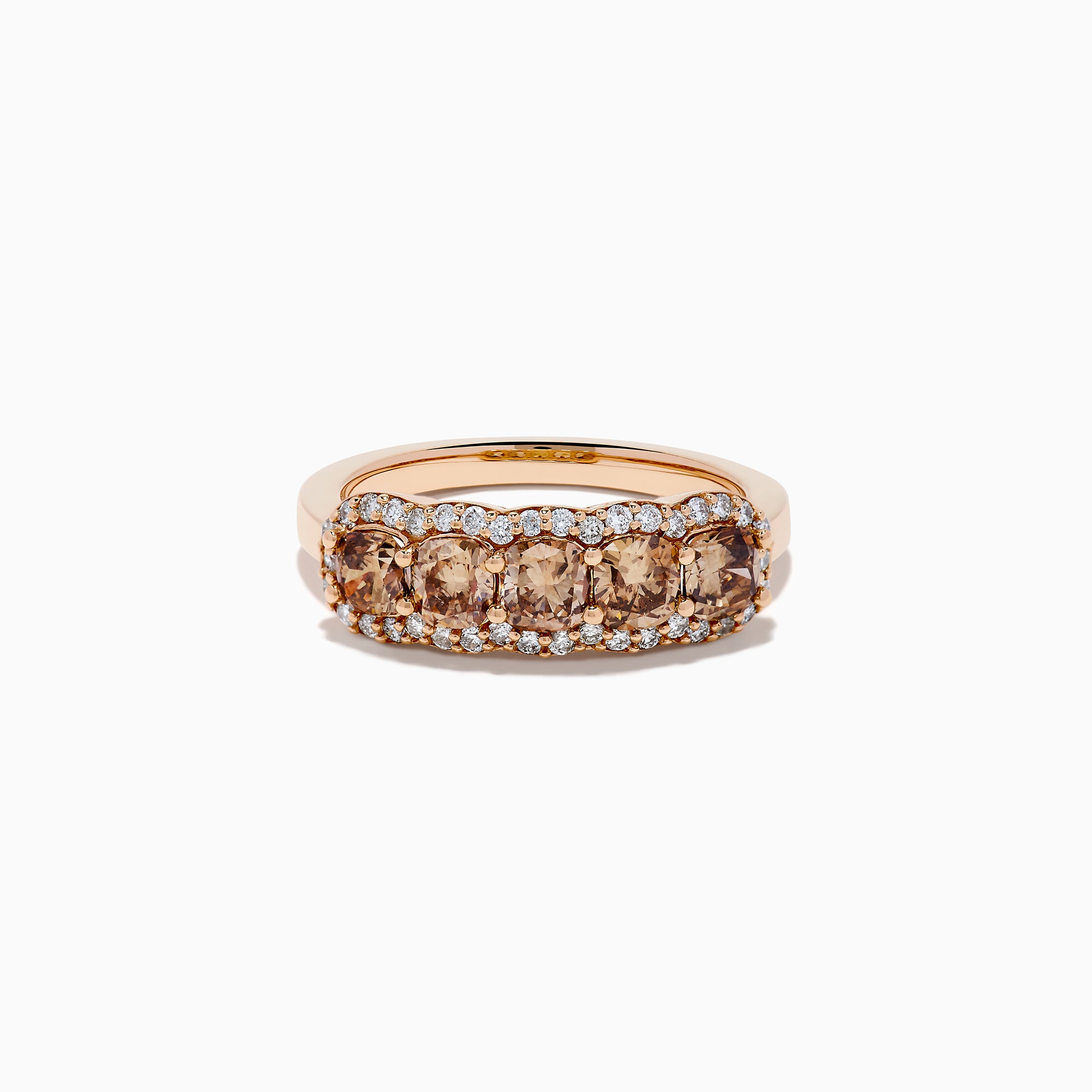 The 14K Rose Gold Cushion Cut 5 Stone Brown Diamond Band showcases five brown cushion-cut diamonds accented by round white diamonds, creating an elegant and sophisticated look.