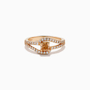 The 14K Rose Gold Brown and White Diamond Ring features a rectangular orange gemstone at the center, accented by two rows of sparkling white diamonds that gracefully curve and split around the vibrant stone.