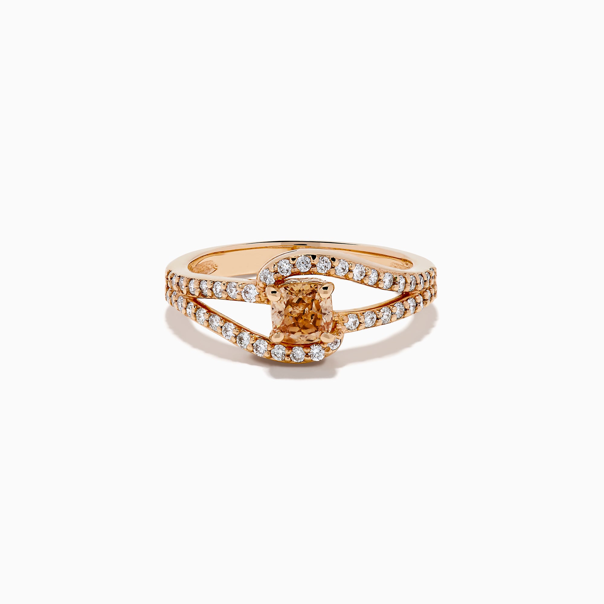 The 14K Rose Gold Brown and White Diamond Ring features a rectangular orange gemstone at the center, accented by two rows of sparkling white diamonds that gracefully curve and split around the vibrant stone.