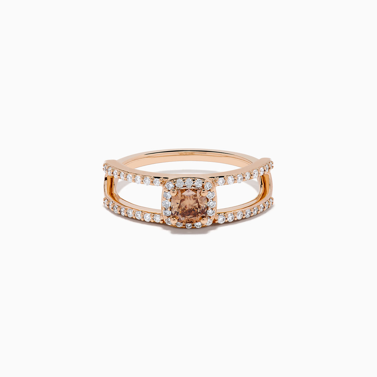 The Espresso 14K Rose Gold Brown Diamond Ring showcases a rectangular cushion-cut center stone, haloed by diamonds, and features a double band adorned with sparkling brown diamonds.