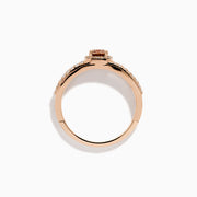 The Espresso 14K Rose Gold Brown Diamond Ring showcases a rectangular cushion-cut center stone, haloed by diamonds, and features a double band adorned with sparkling brown diamonds.