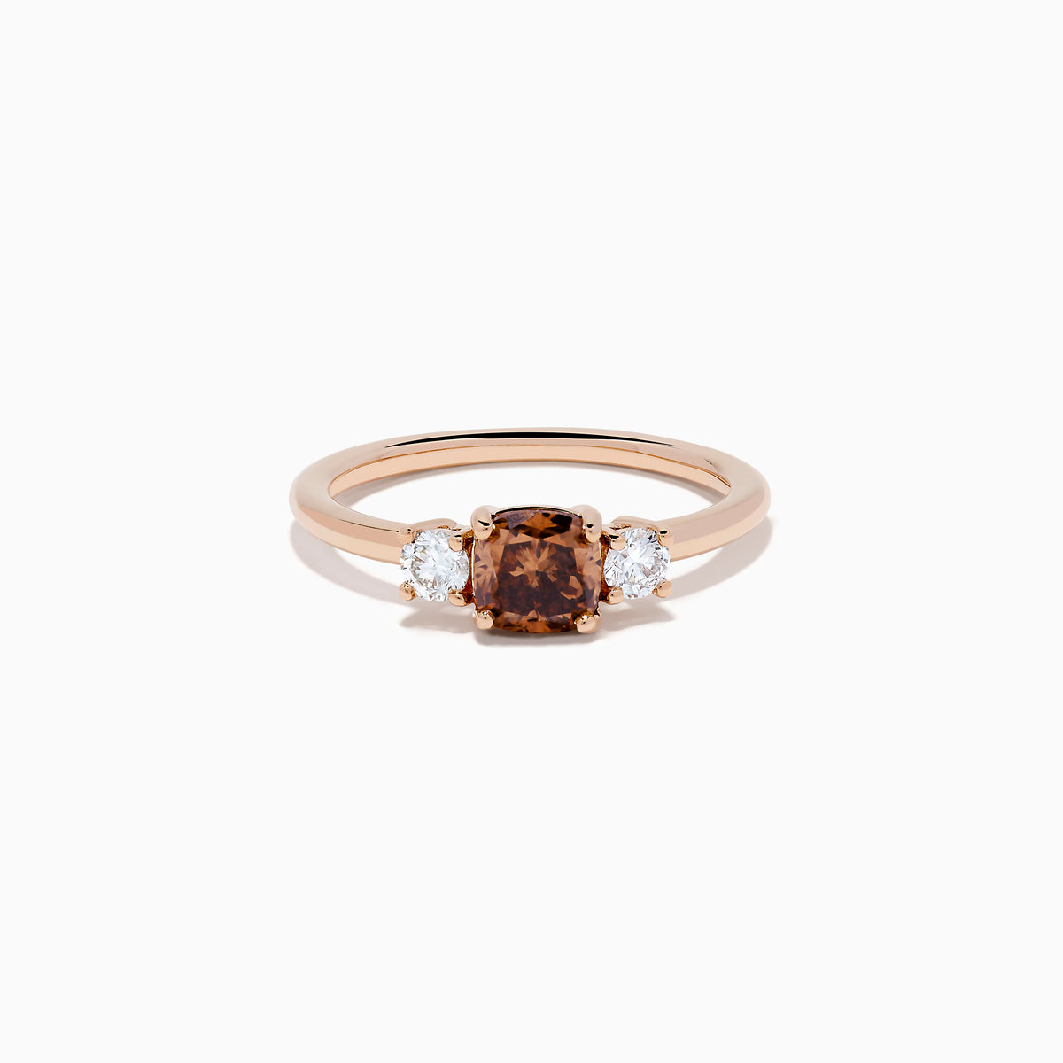 Espresso 14K Rose Gold Brown and White 3 Stone Diamond Ring featuring a rectangular brown center stone and two round white diamonds on each side, displayed against a plain white background.