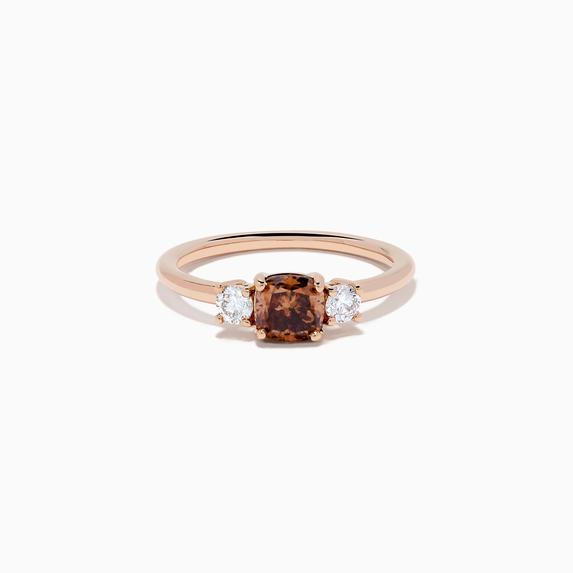 Espresso 14K Rose Gold Brown and White 3 Stone Diamond Ring featuring a rectangular brown center stone and two round white diamonds on each side, displayed against a plain white background.