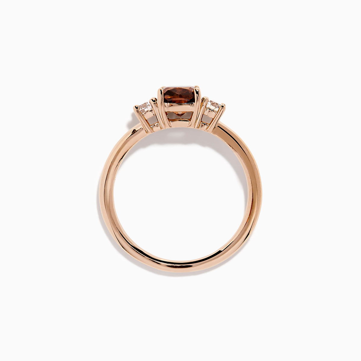 Espresso 14K Rose Gold Brown and White 3 Stone Diamond Ring featuring a rectangular brown center stone and two round white diamonds on each side, displayed against a plain white background.