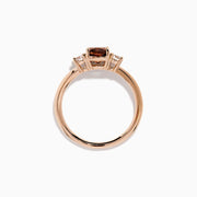 Espresso 14K Rose Gold Brown and White 3 Stone Diamond Ring featuring a rectangular brown center stone and two round white diamonds on each side, displayed against a plain white background.