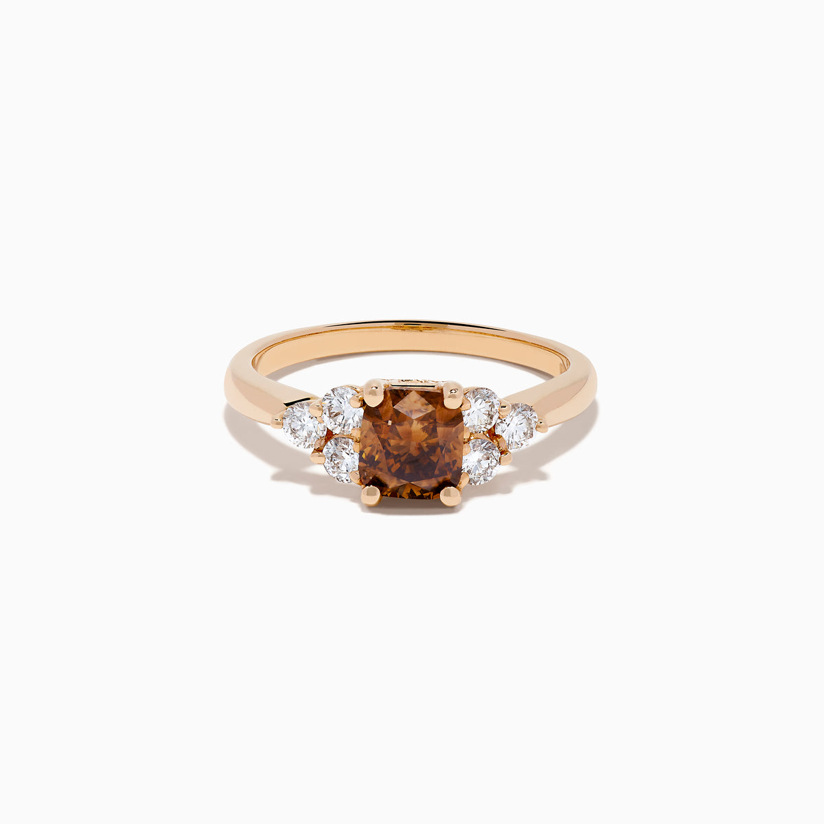 The 14K Rose Gold Brown and White Diamond Ring features a rectangular brown gemstone at the center with three round white diamonds on each side, all set in a simple rose gold band against a white background.