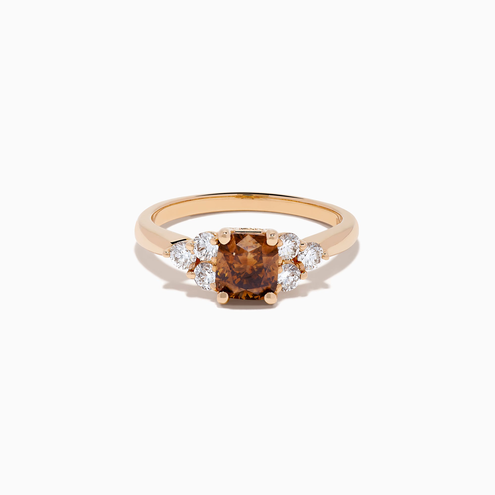 The 14K Rose Gold Brown and White Diamond Ring features a rectangular brown gemstone at the center with three round white diamonds on each side, all set in a simple rose gold band against a white background.