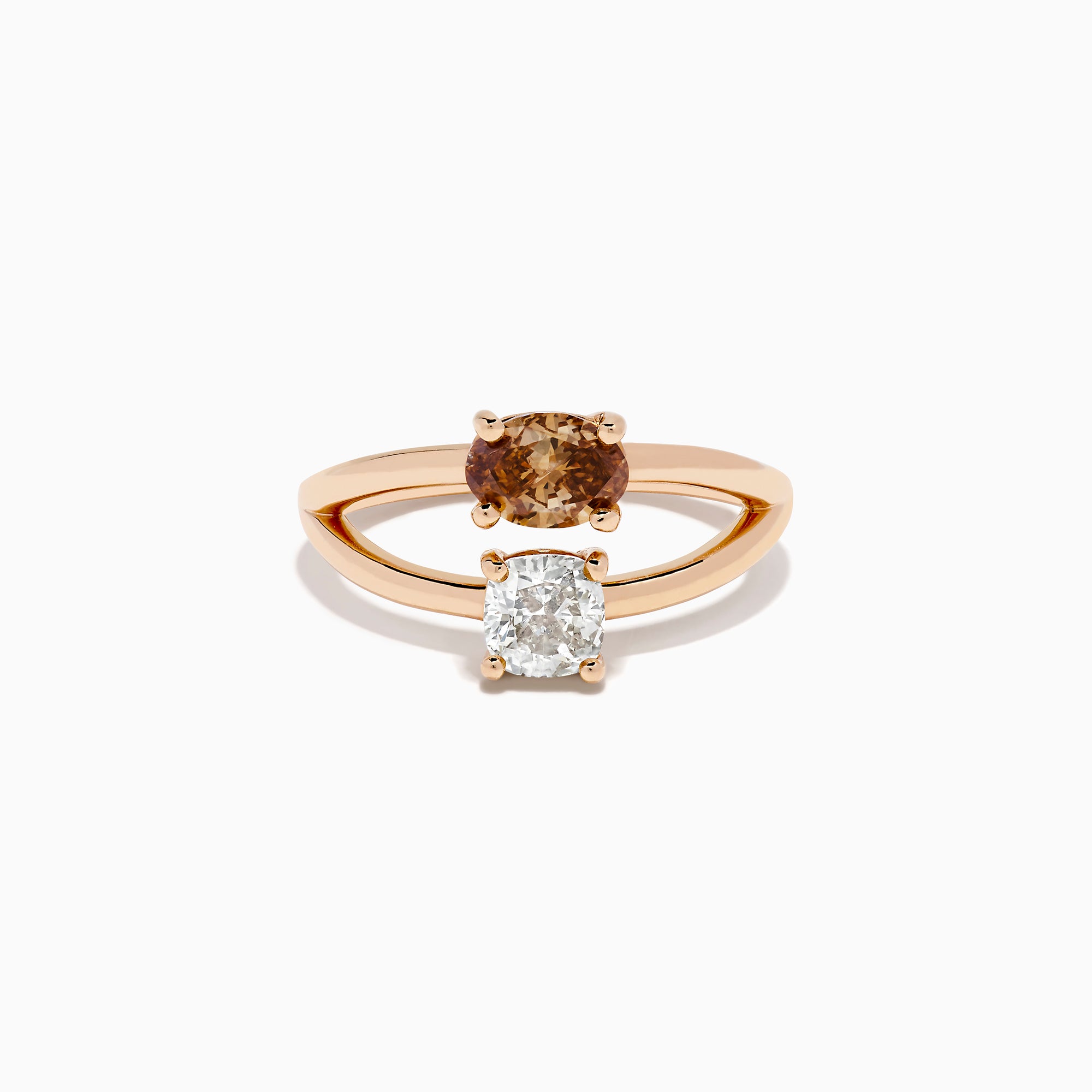 The Espresso 14K Rose Gold Brown and White Diamond Ring showcases two side-by-side stones—a round brown diamond and a white diamond—set on a split rose gold band, shown against a white background.