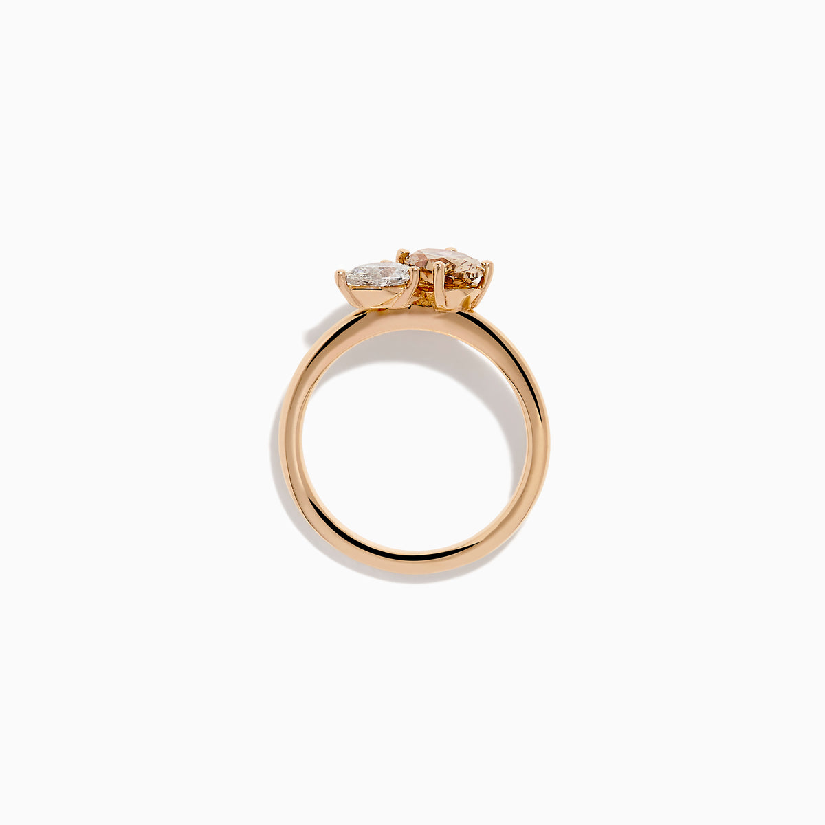 The 14K Rose Gold Brown and White Diamond Toi et Moi Ring features two side-by-side round diamonds—one brown, one white—set on a simple gold band.