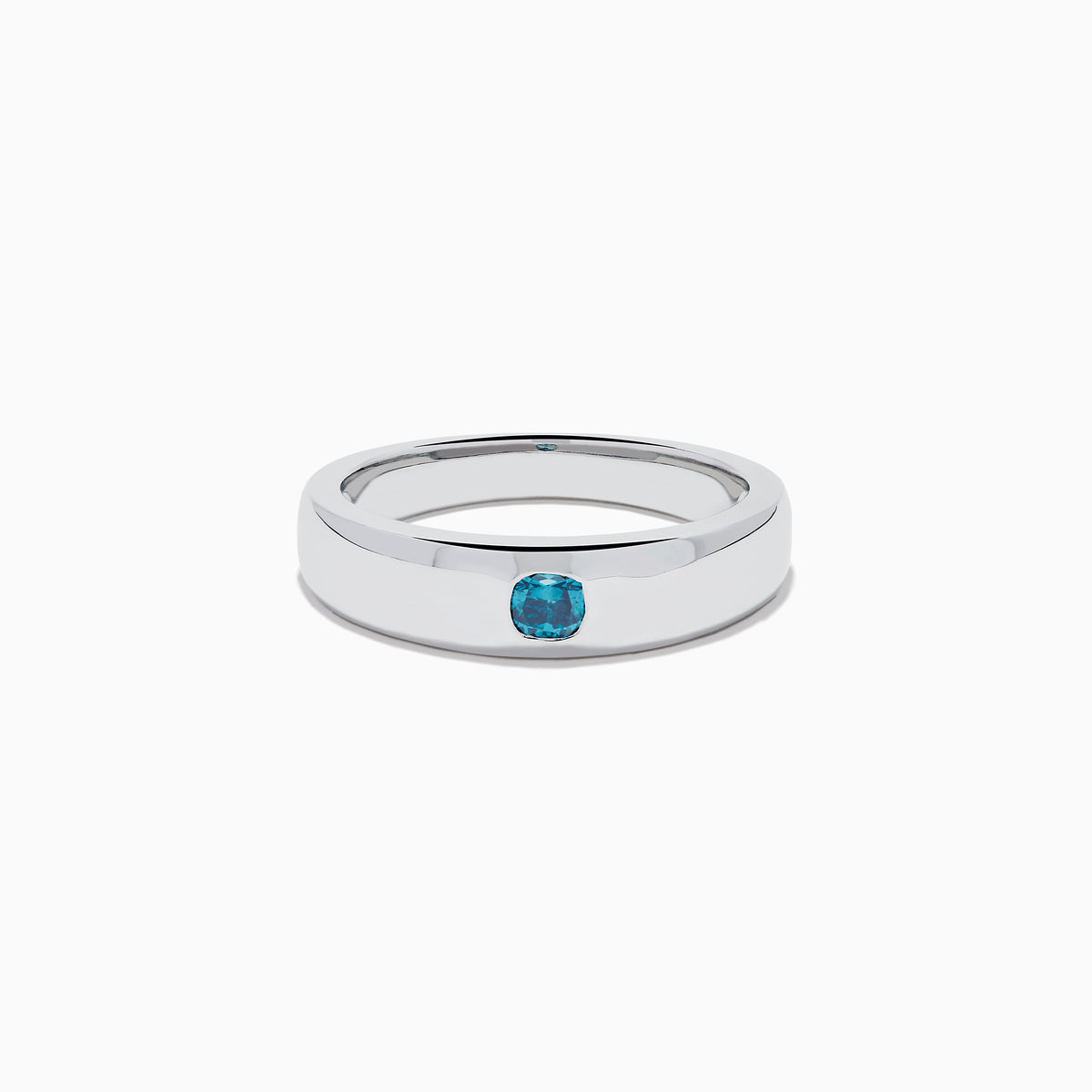 The Men's 14K White Gold Blue Diamond Ring showcases a single round blue diamond set into a sleek white gold band, shown on a plain white background.