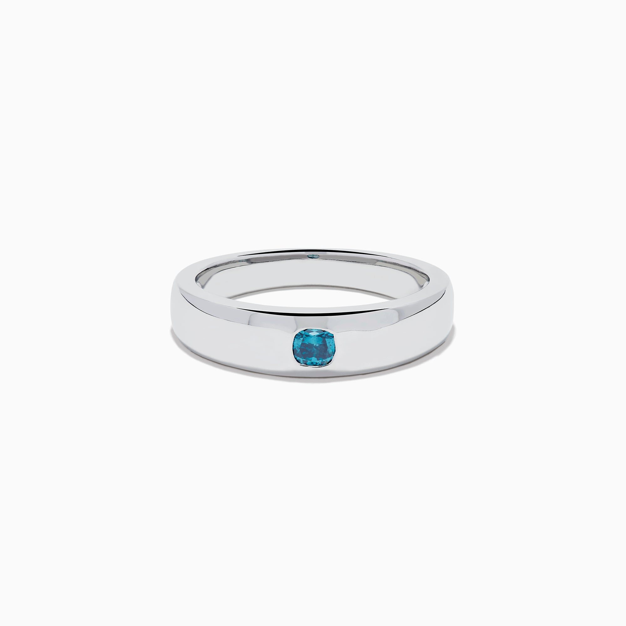 The Men's 14K White Gold Blue Diamond Ring showcases a single round blue diamond set into a sleek white gold band, shown on a plain white background.