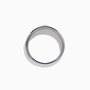 The Men's 14K White Gold Blue Diamond Ring showcases a single round blue diamond set into a sleek white gold band, shown on a plain white background.