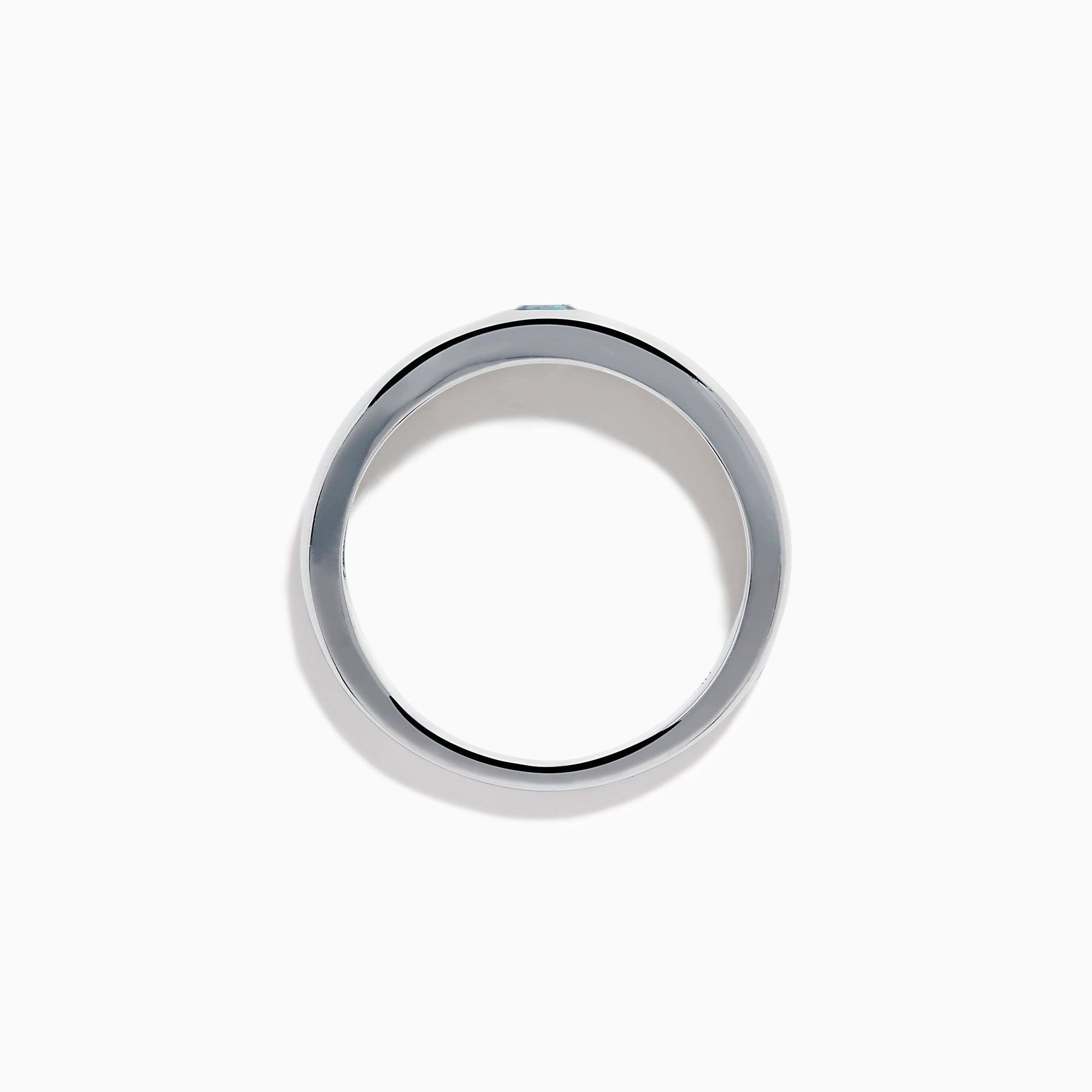 The Men's 14K White Gold Blue Diamond Ring showcases a single round blue diamond set into a sleek white gold band, shown on a plain white background.