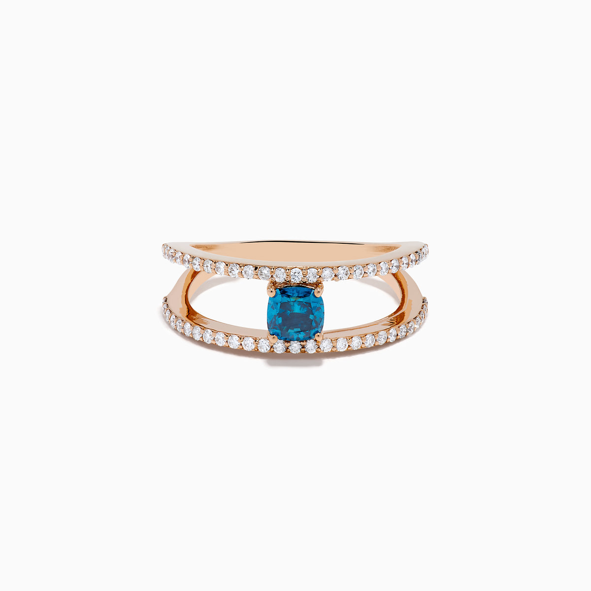 The Bella Bleu 14K Rose Gold Blue and White Diamond Ring features two parallel, diamond-encrusted bands and a cushion-cut blue gemstone centerpiece. This modern, elegant ring stands out beautifully against a crisp white background.