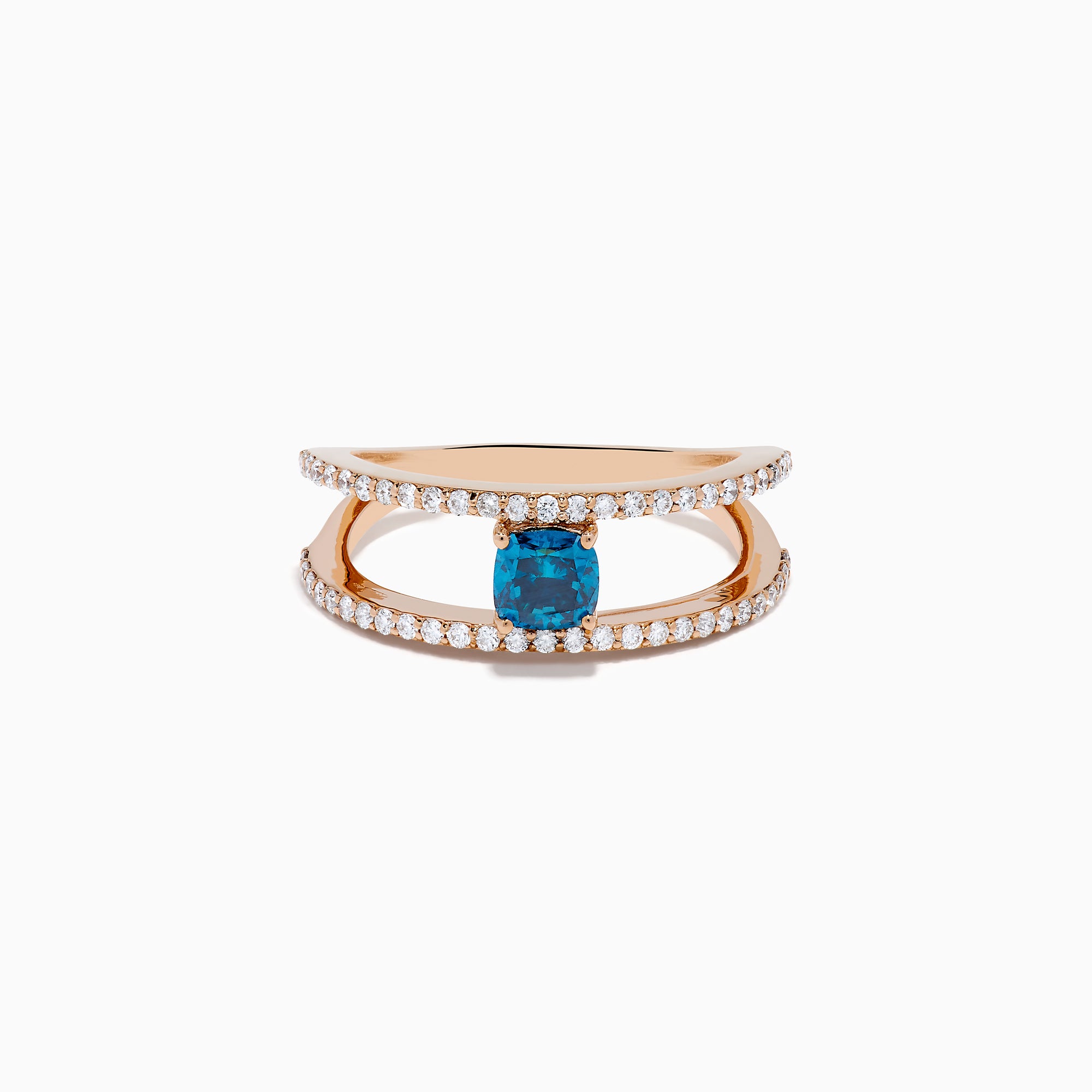 The Bella Bleu 14K Rose Gold Blue and White Diamond Ring features two parallel, diamond-encrusted bands and a cushion-cut blue gemstone centerpiece. This modern, elegant ring stands out beautifully against a crisp white background.