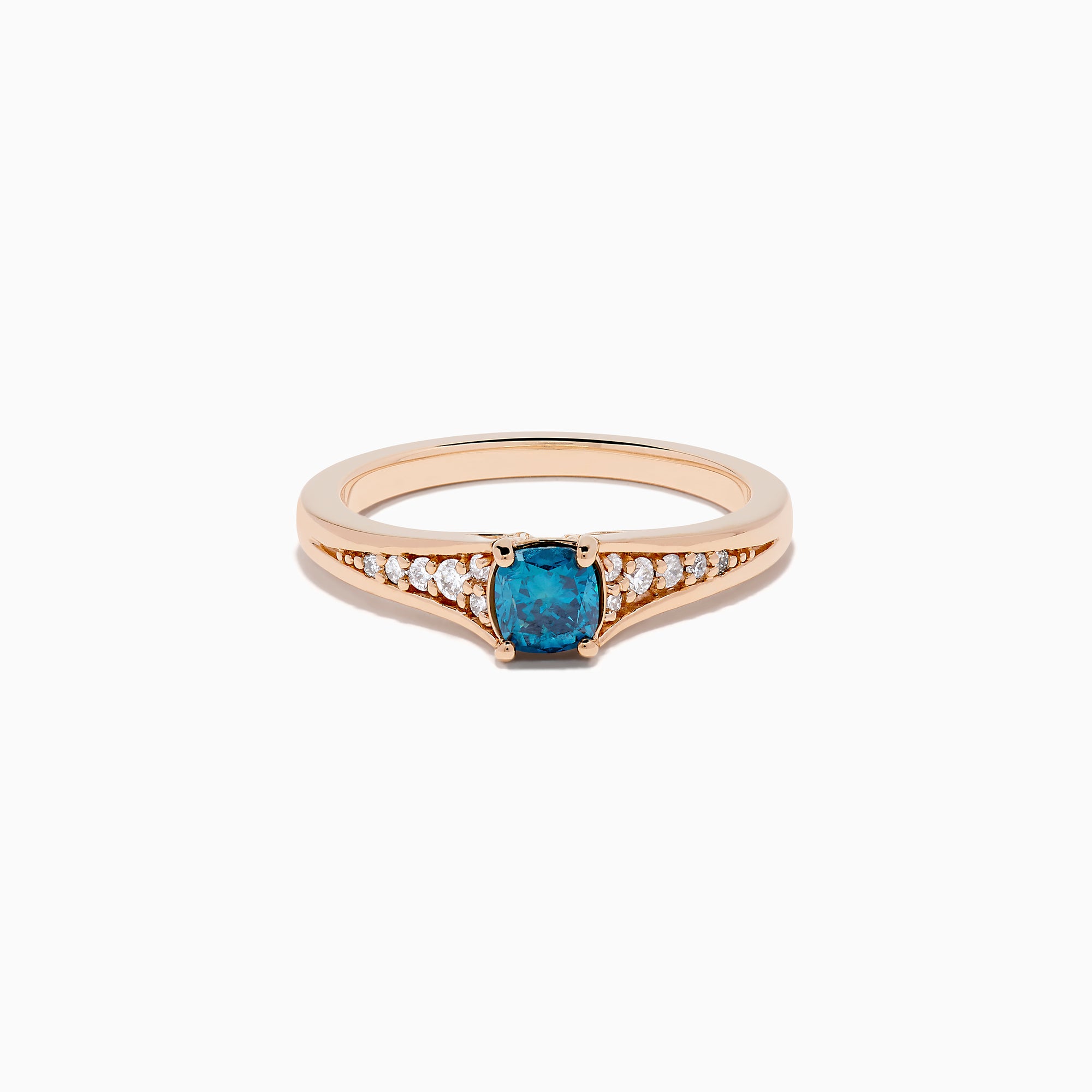 The Bella Bleu 14K Rose Gold Blue and White Diamond Ring showcases a blue rectangular gemstone at the center with small round white diamonds on each side, set against a plain white background.