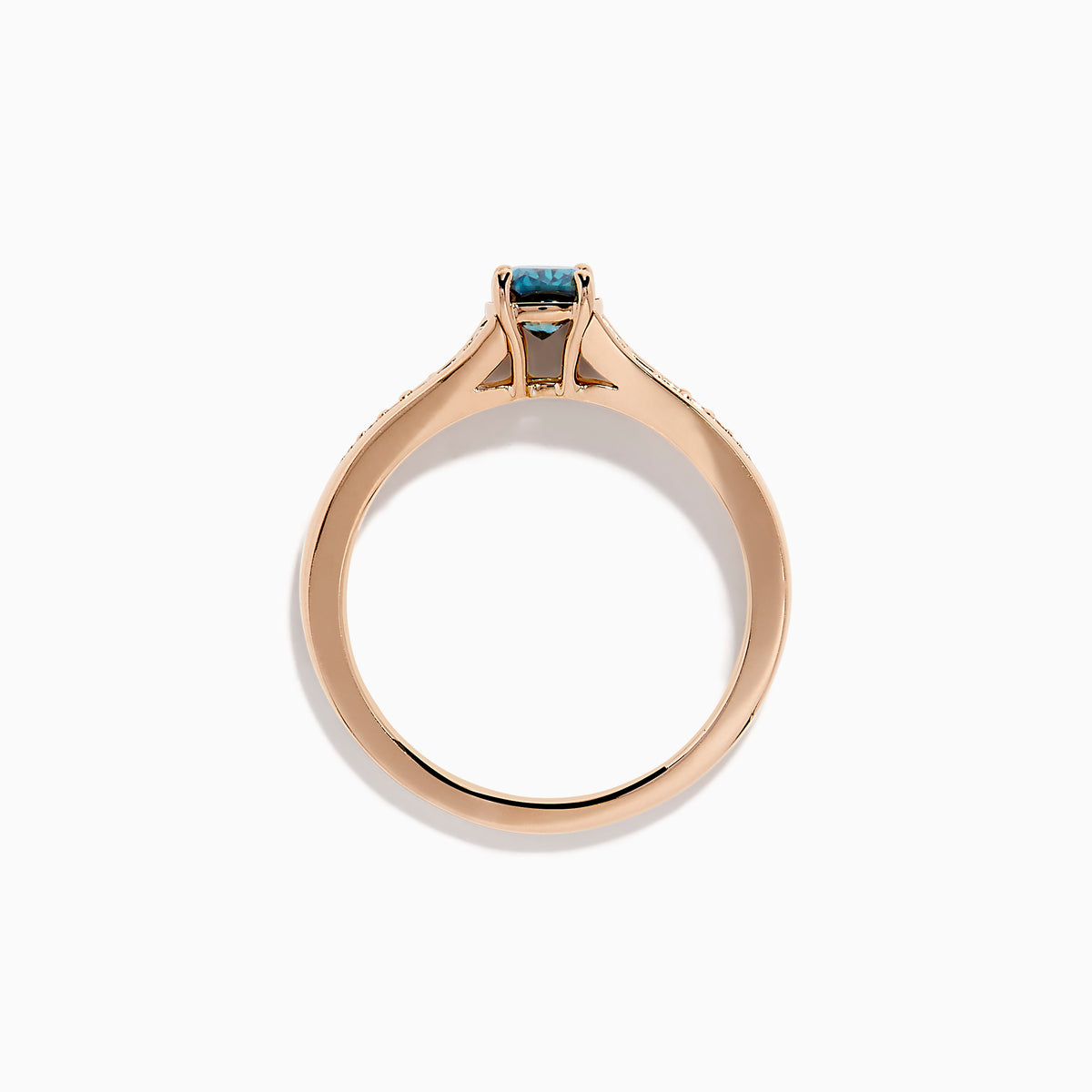 The Bella Bleu 14K Rose Gold Blue and White Diamond Ring showcases a blue rectangular gemstone at the center with small round white diamonds on each side, set against a plain white background.
