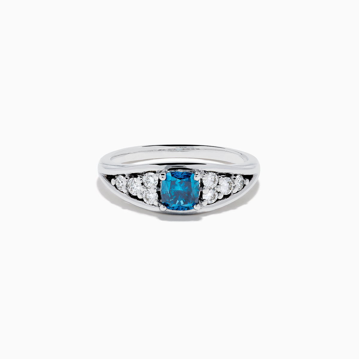 The Bella Bleu 14K White Gold Blue and White Diamond Ring showcases a vibrant square-cut blue center stone, accented by rows of round white diamonds on each side, displayed on a white background.
