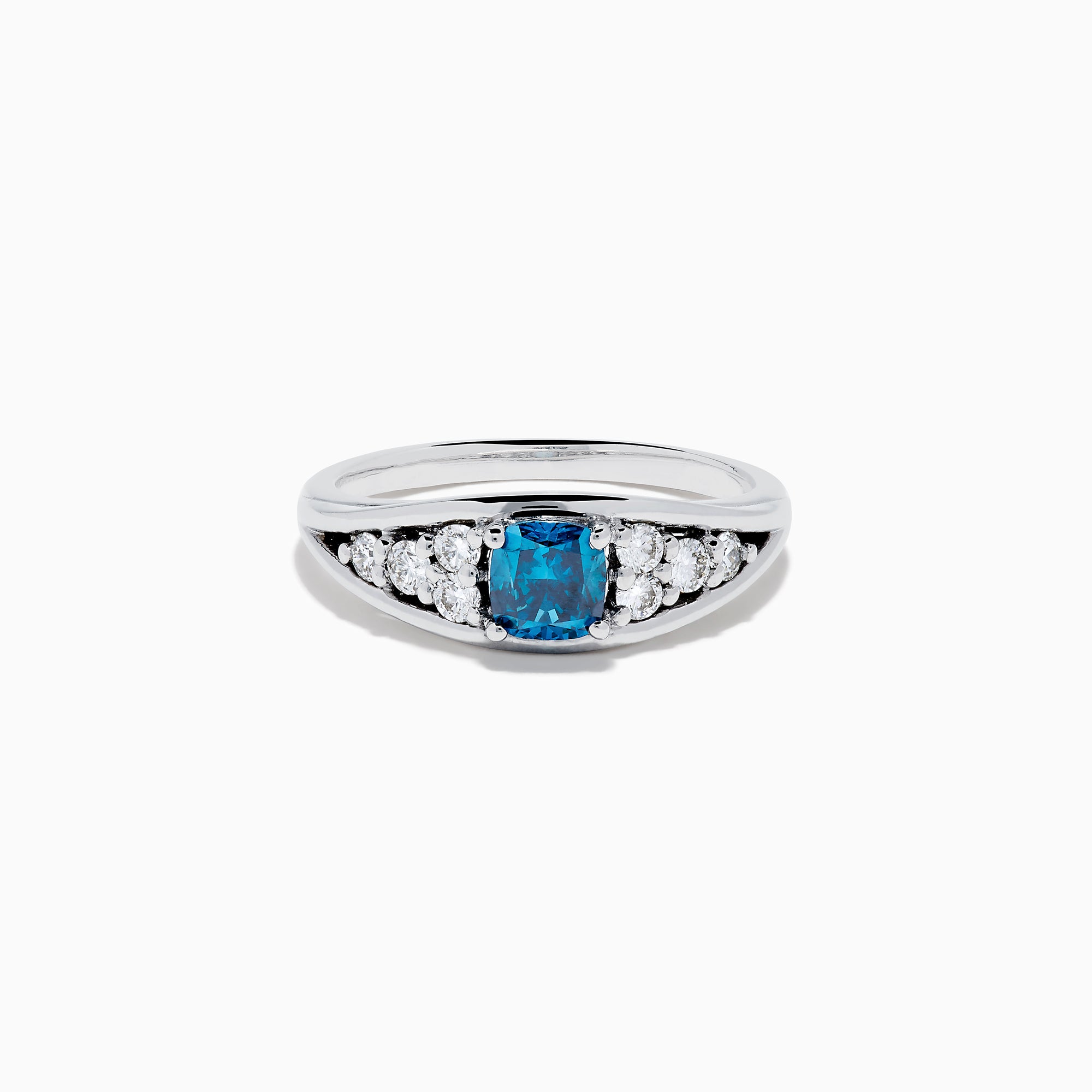 The Bella Bleu 14K White Gold Blue and White Diamond Ring showcases a vibrant square-cut blue center stone, accented by rows of round white diamonds on each side, displayed on a white background.