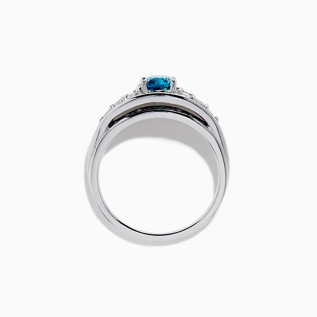 The Bella Bleu 14K White Gold Blue and White Diamond Ring showcases a vibrant square-cut blue center stone, accented by rows of round white diamonds on each side, displayed on a white background.