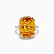 The Sunset 14K Yellow Gold Citrine & Diamond Ring features a large rectangular citrine surrounded by a halo of sparkling white diamonds, set against a white background.