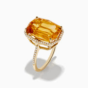 The Sunset 14K Yellow Gold Citrine & Diamond Ring features a large rectangular citrine surrounded by a halo of sparkling white diamonds, set against a white background.