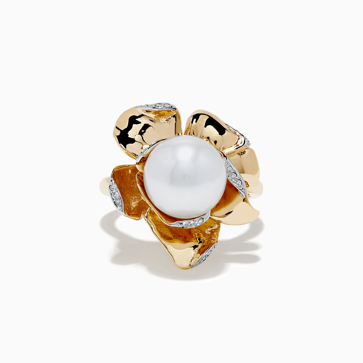 The Pearl 14K Yellow Gold Pearl and Diamond Flower Ring features petal-shaped diamond accents and a large round white pearl at the center, shown on a white background.