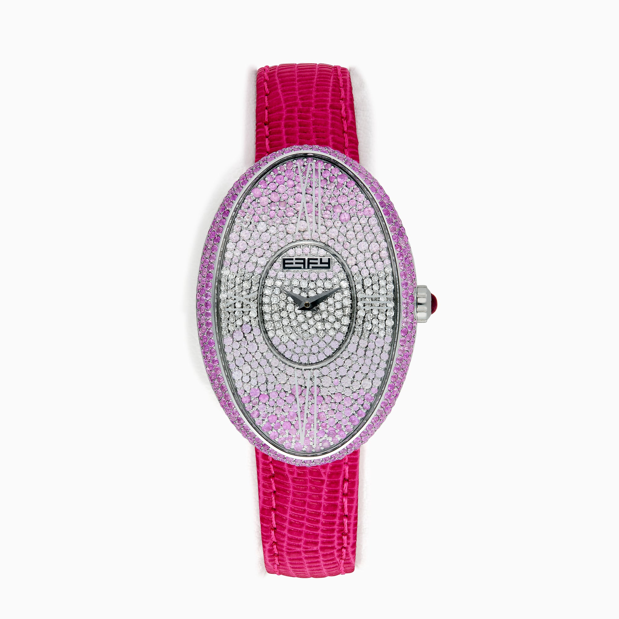 The 28MM Swiss Made Stainless Steel Cocktail Watch features an oval dial with pink sapphire and diamond accents, a pink textured strap, black hour and minute hands, and EFY branding at the center.