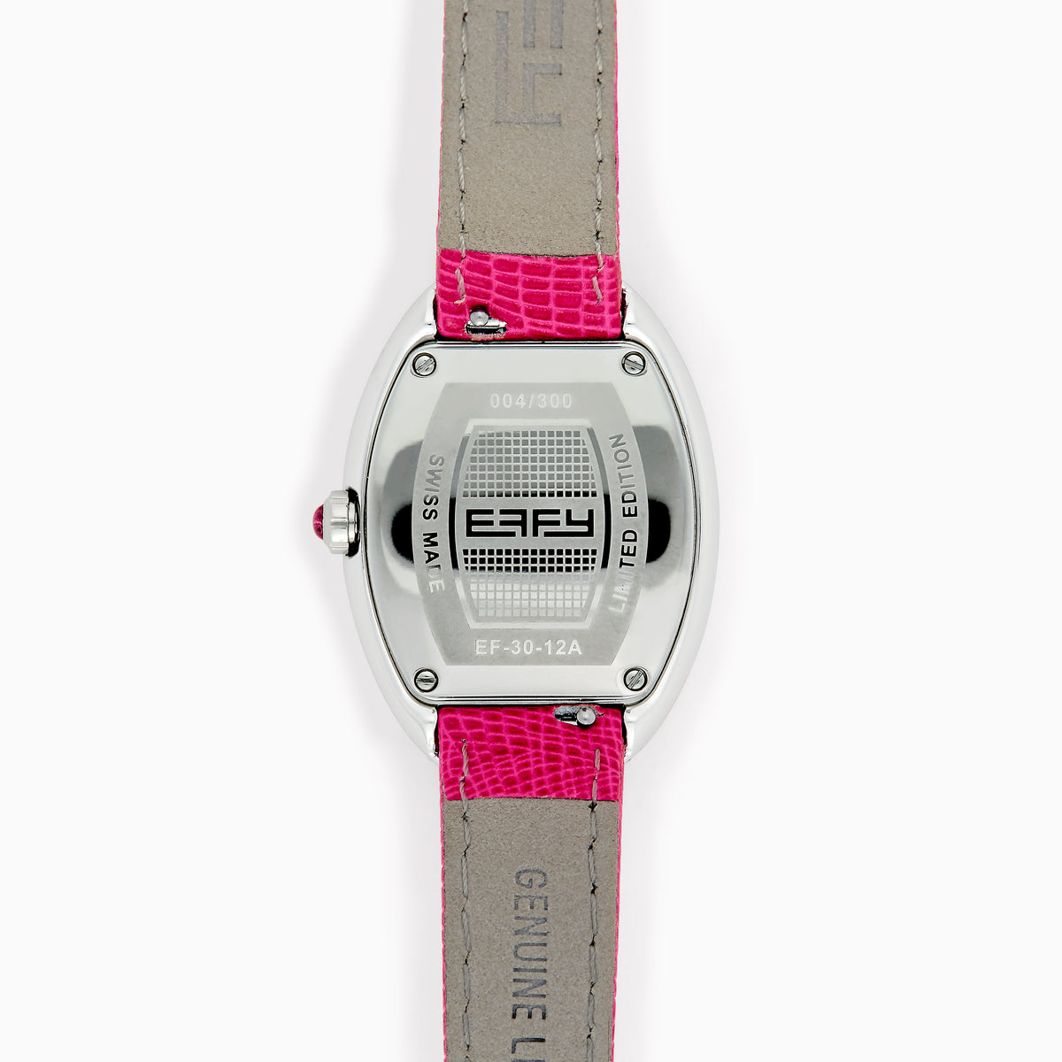 The 28MM Swiss Made Stainless Steel Cocktail Watch features an oval dial with pink sapphire and diamond accents, a pink textured strap, black hour and minute hands, and EFY branding at the center.