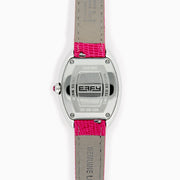 The 28MM Swiss Made Stainless Steel Cocktail Watch features an oval dial with pink sapphire and diamond accents, a pink textured strap, black hour and minute hands, and EFY branding at the center.