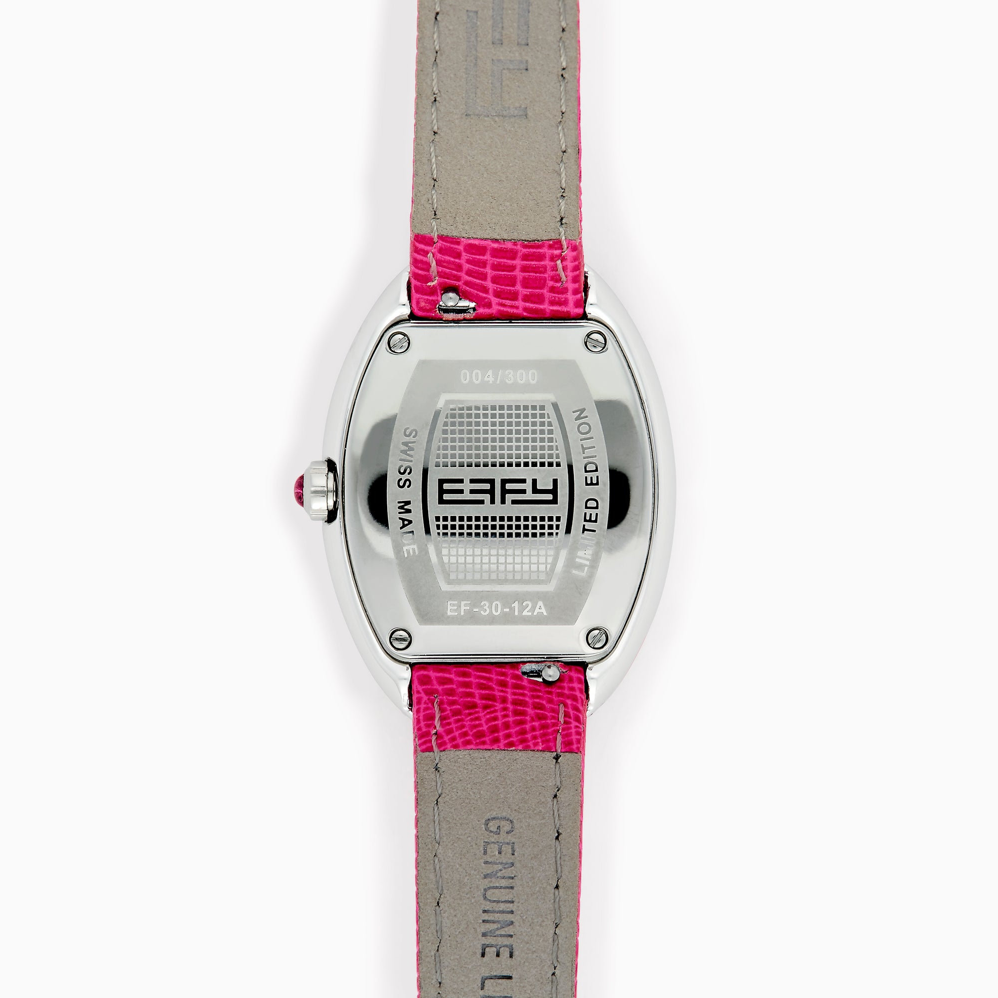 The 28MM Swiss Made Stainless Steel Cocktail Watch features an oval dial with pink sapphire and diamond accents, a pink textured strap, black hour and minute hands, and EFY branding at the center.