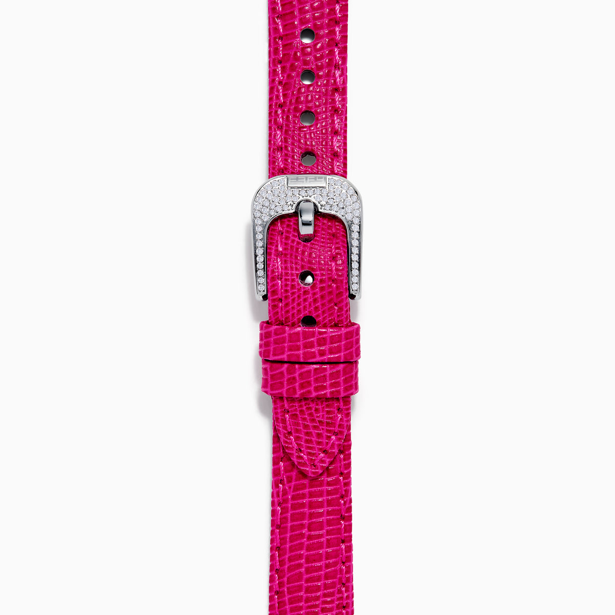 The 28MM Swiss Made Stainless Steel Cocktail Watch features an oval dial with pink sapphire and diamond accents, a pink textured strap, black hour and minute hands, and EFY branding at the center.