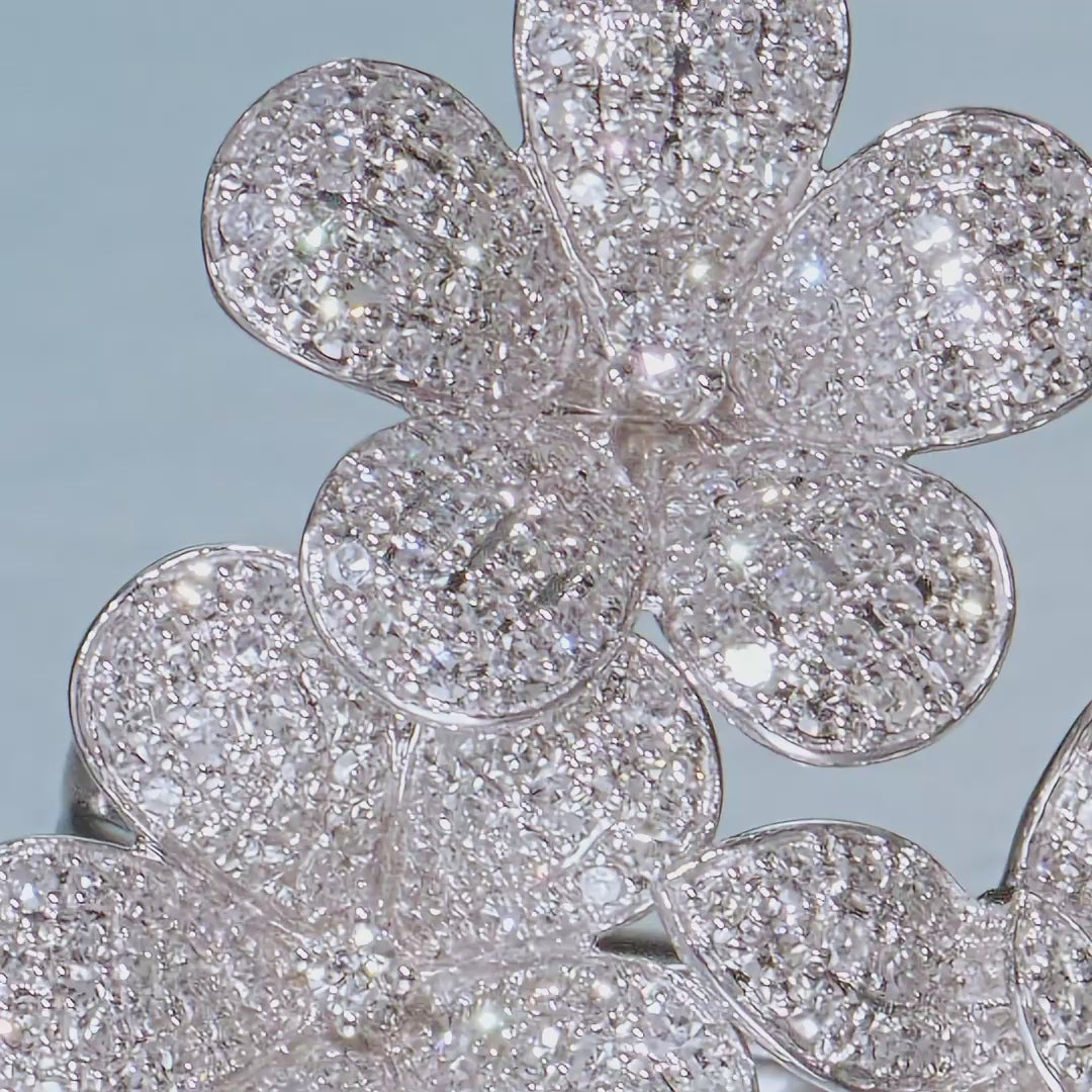Nature 14K White Gold Diamond Flowers and Butterfly Ring
