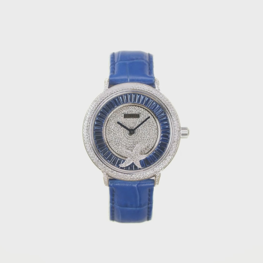 Translation missing: en.38MM Swiss Made Stainless Steel Spinning Starfish Watch with Diamonds and Blue Topaz