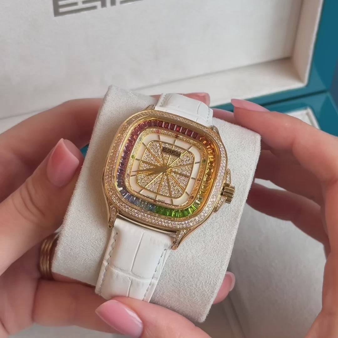 Translation missing: en.38MM Swiss Made Stainless Steel Spinning Starfish Watch with Diamonds and Blue Topaz