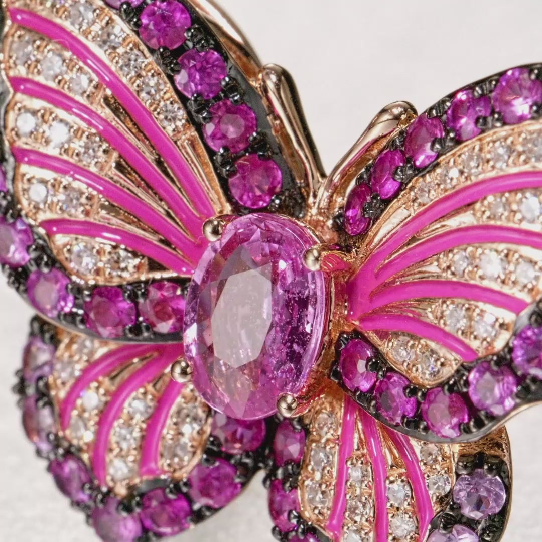 Nature 14K Rose Gold Pink Sapphire, Ruby and Diamond Butterfly Ring